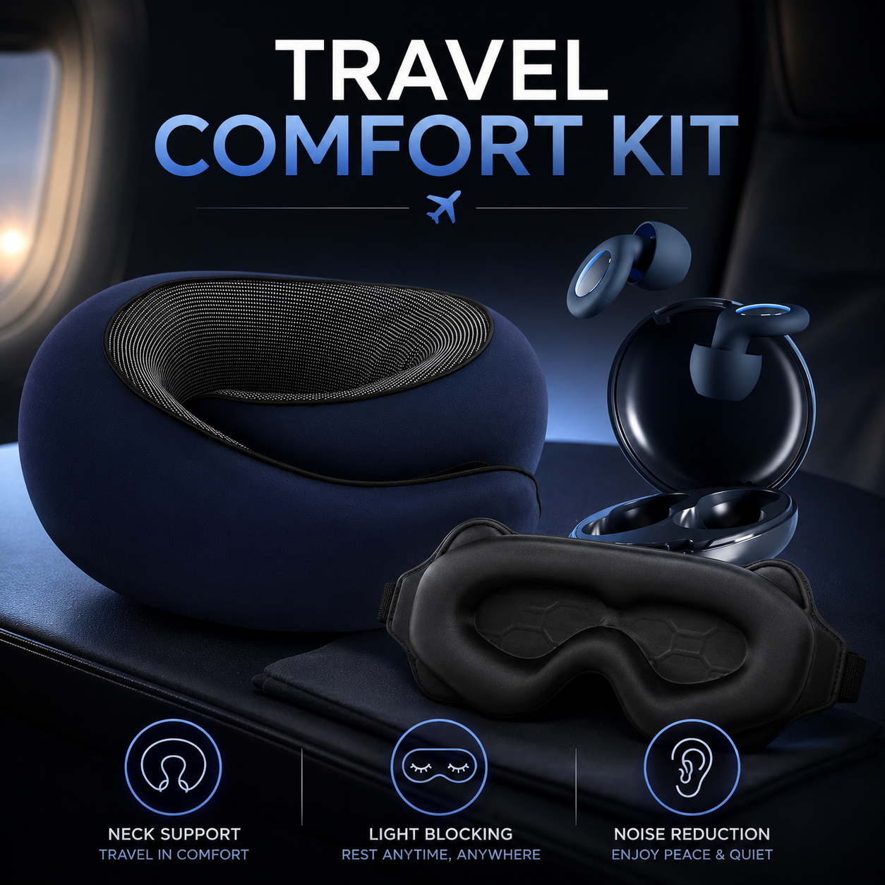 BELLAUMEE Travel Comfort Kit - ergonomic pillow, sleep mask and earplugs